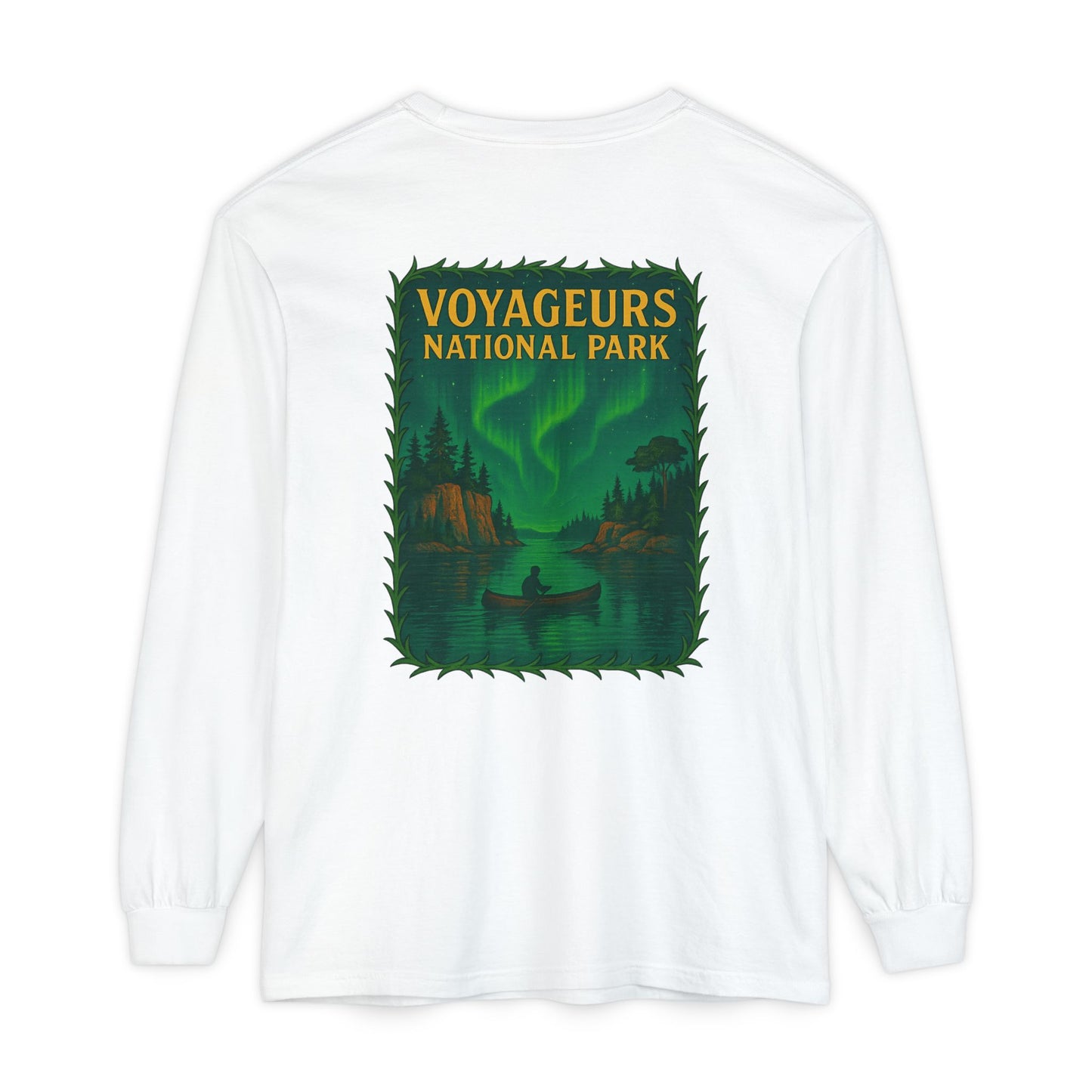 Voyageurs National Park Long Sleeve Tee — Northern Lights Canoe Graphic