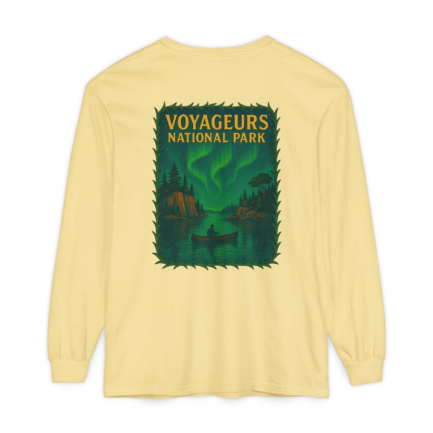 Voyageurs National Park Long Sleeve Tee — Northern Lights Canoe Graphic