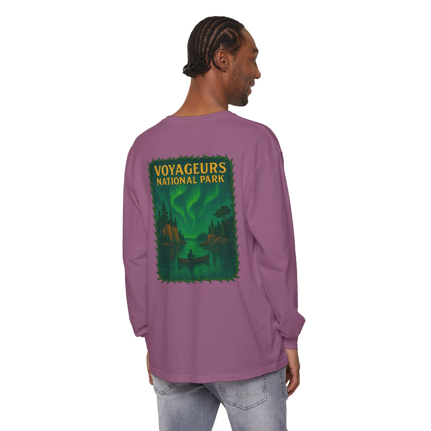 Voyageurs National Park Long Sleeve Tee — Northern Lights Canoe Graphic
