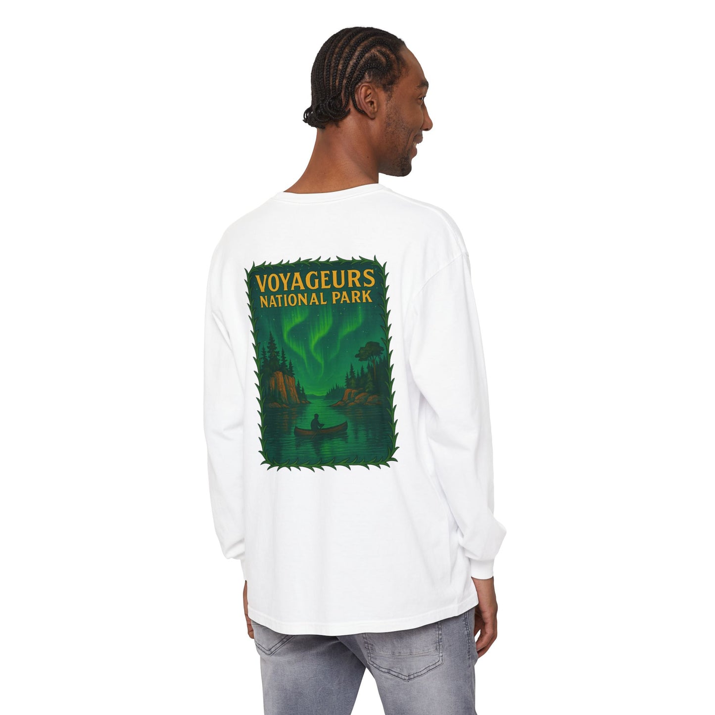Voyageurs National Park Long Sleeve Tee — Northern Lights Canoe Graphic