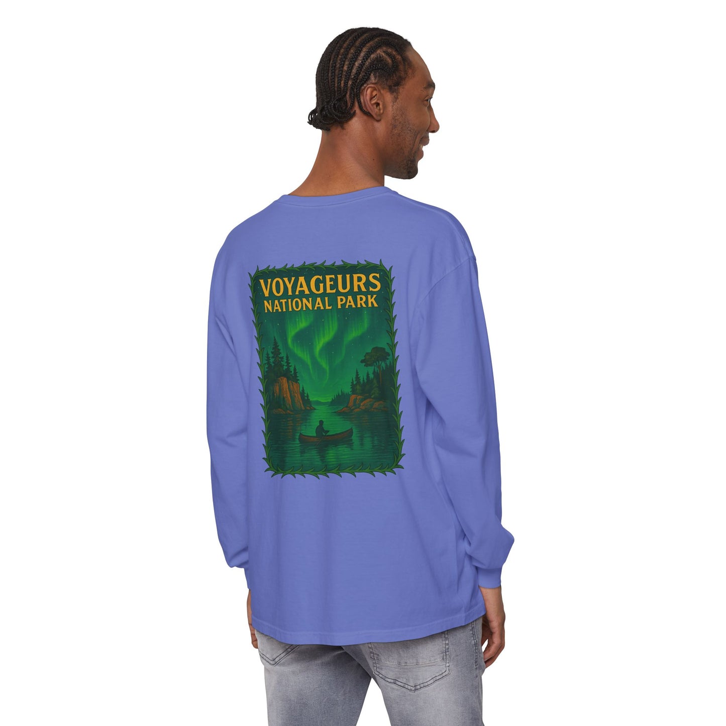 Voyageurs National Park Long Sleeve Tee — Northern Lights Canoe Graphic
