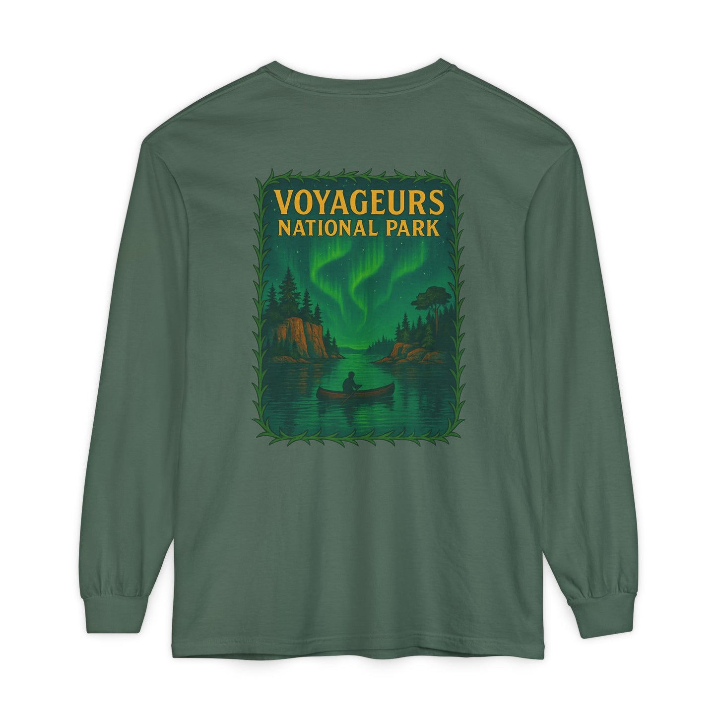 Voyageurs National Park Long Sleeve Tee — Northern Lights Canoe Graphic