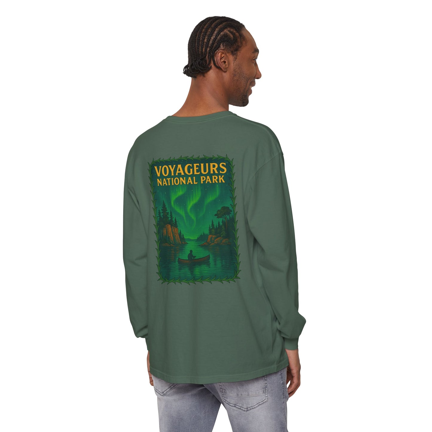 Voyageurs National Park Long Sleeve Tee — Northern Lights Canoe Graphic
