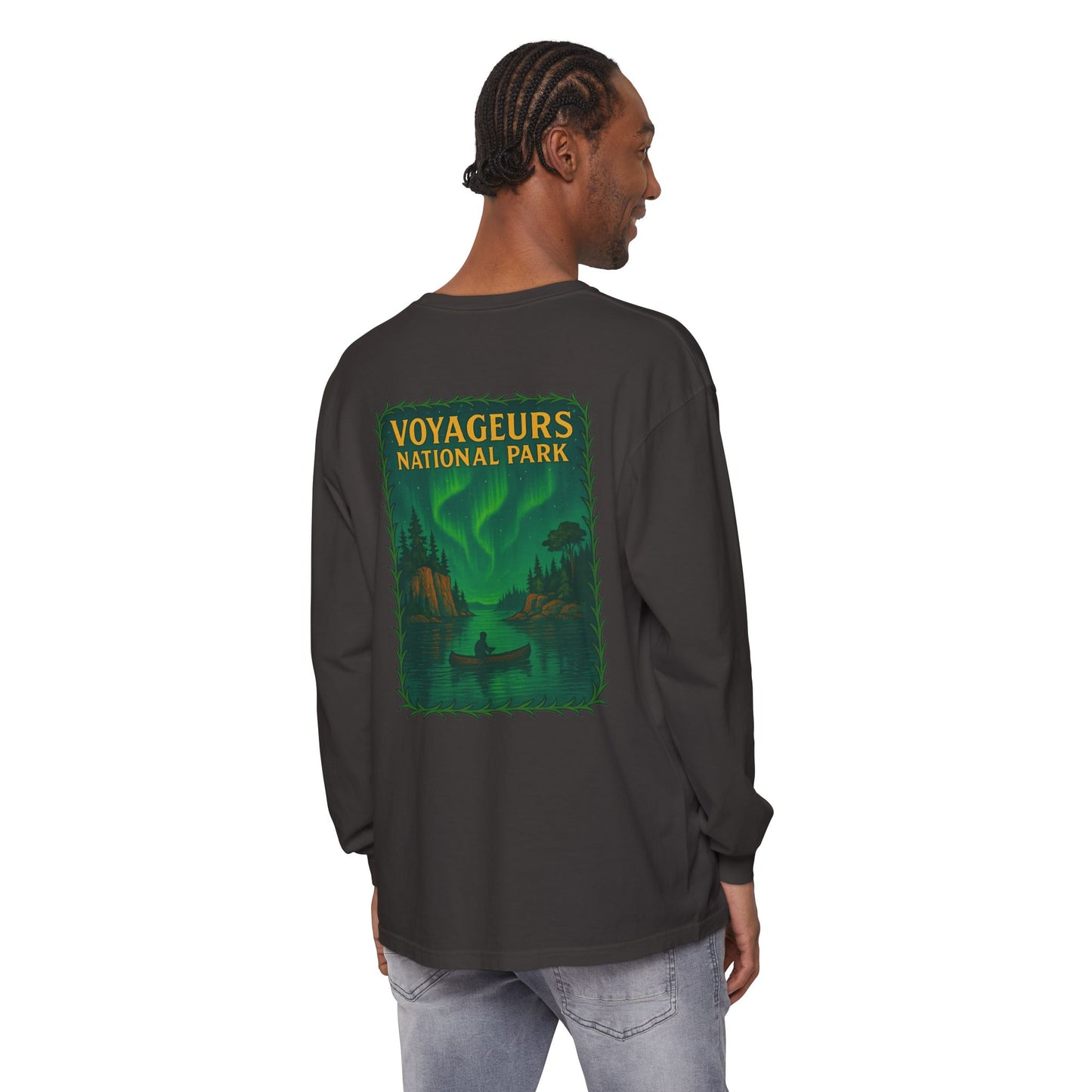 Voyageurs National Park Long Sleeve Tee — Northern Lights Canoe Graphic