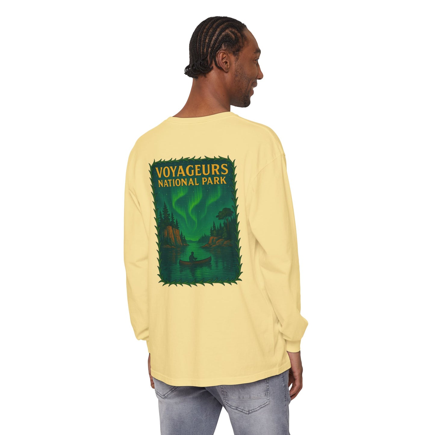 Voyageurs National Park Long Sleeve Tee — Northern Lights Canoe Graphic