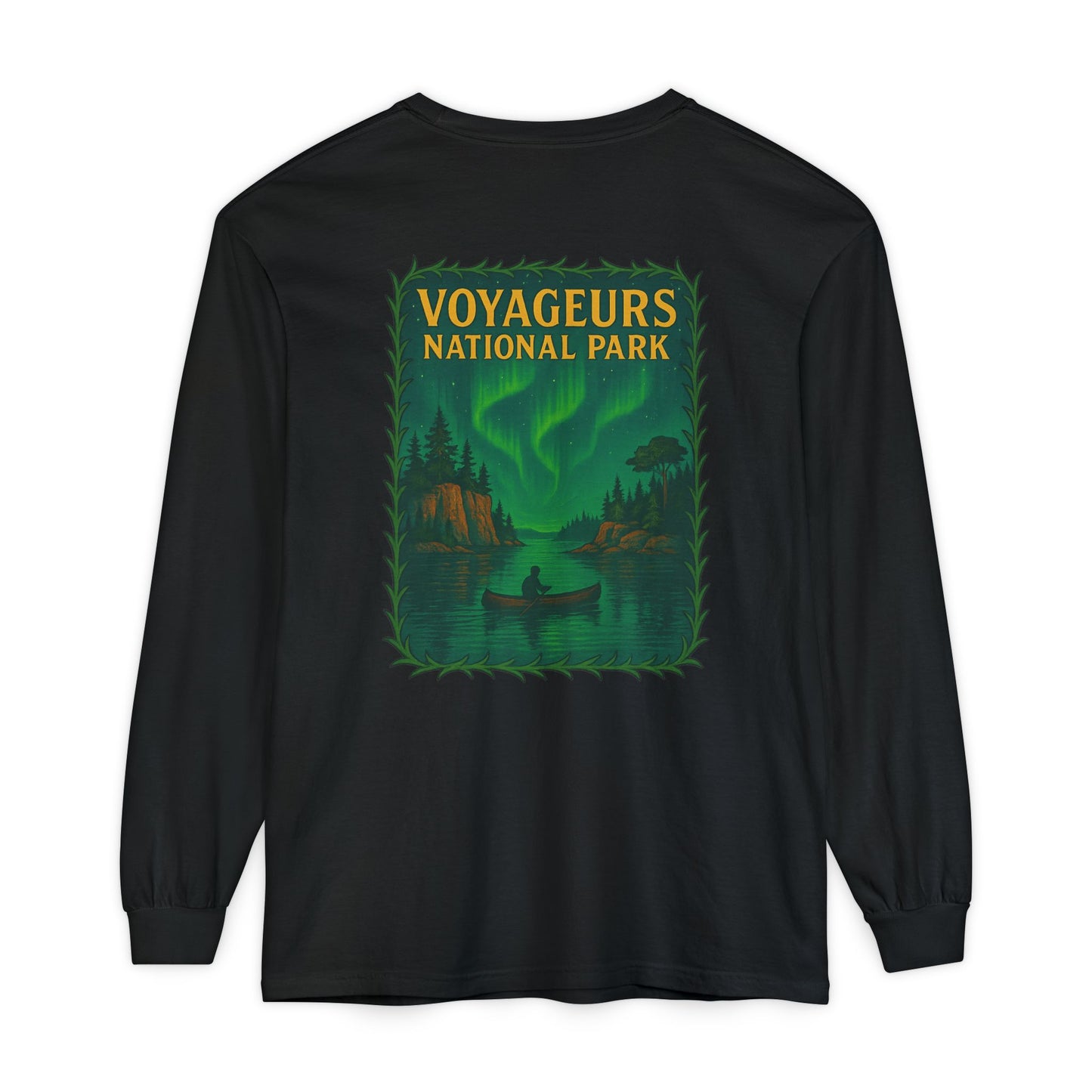 Voyageurs National Park Long Sleeve Tee — Northern Lights Canoe Graphic