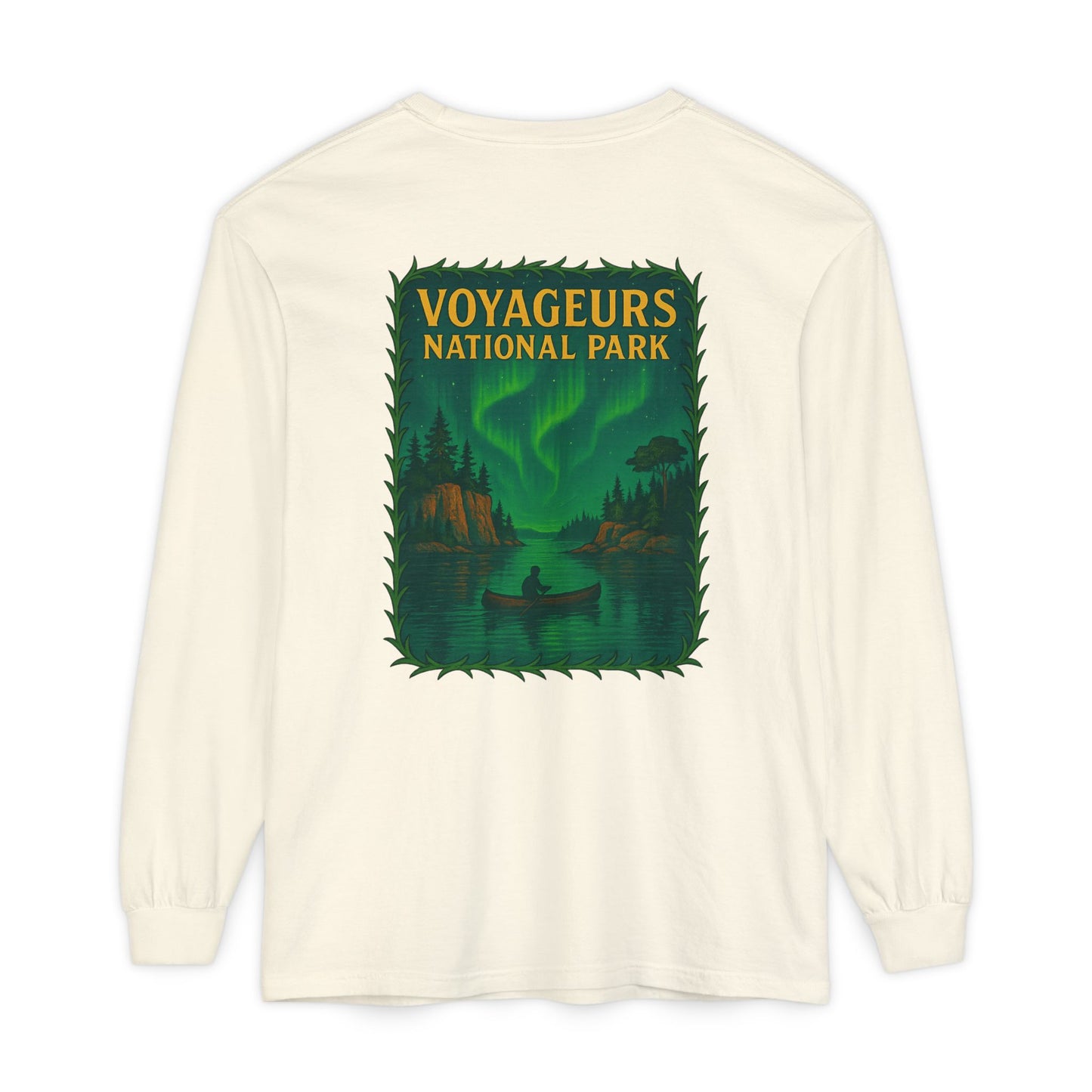 Voyageurs National Park Long Sleeve Tee — Northern Lights Canoe Graphic