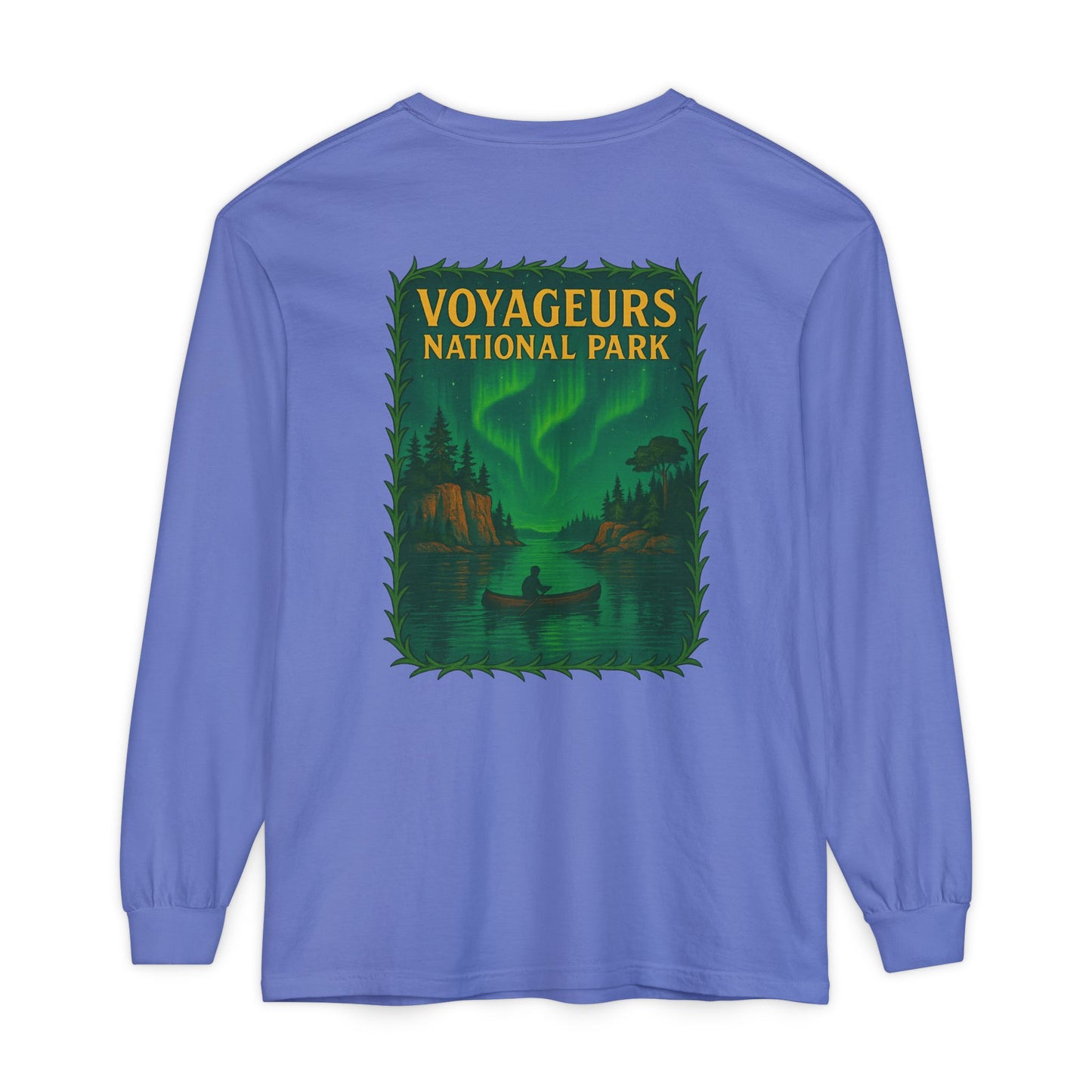 Voyageurs National Park Long Sleeve Tee — Northern Lights Canoe Graphic