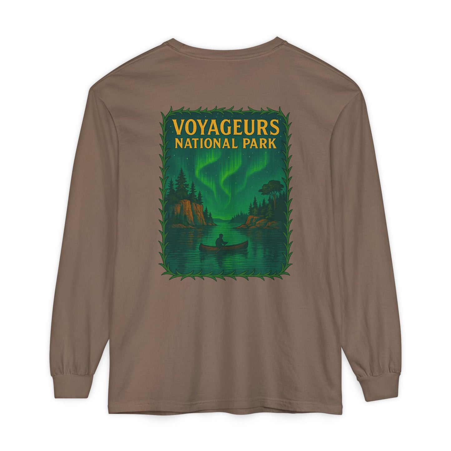 Voyageurs National Park Long Sleeve Tee — Northern Lights Canoe Graphic