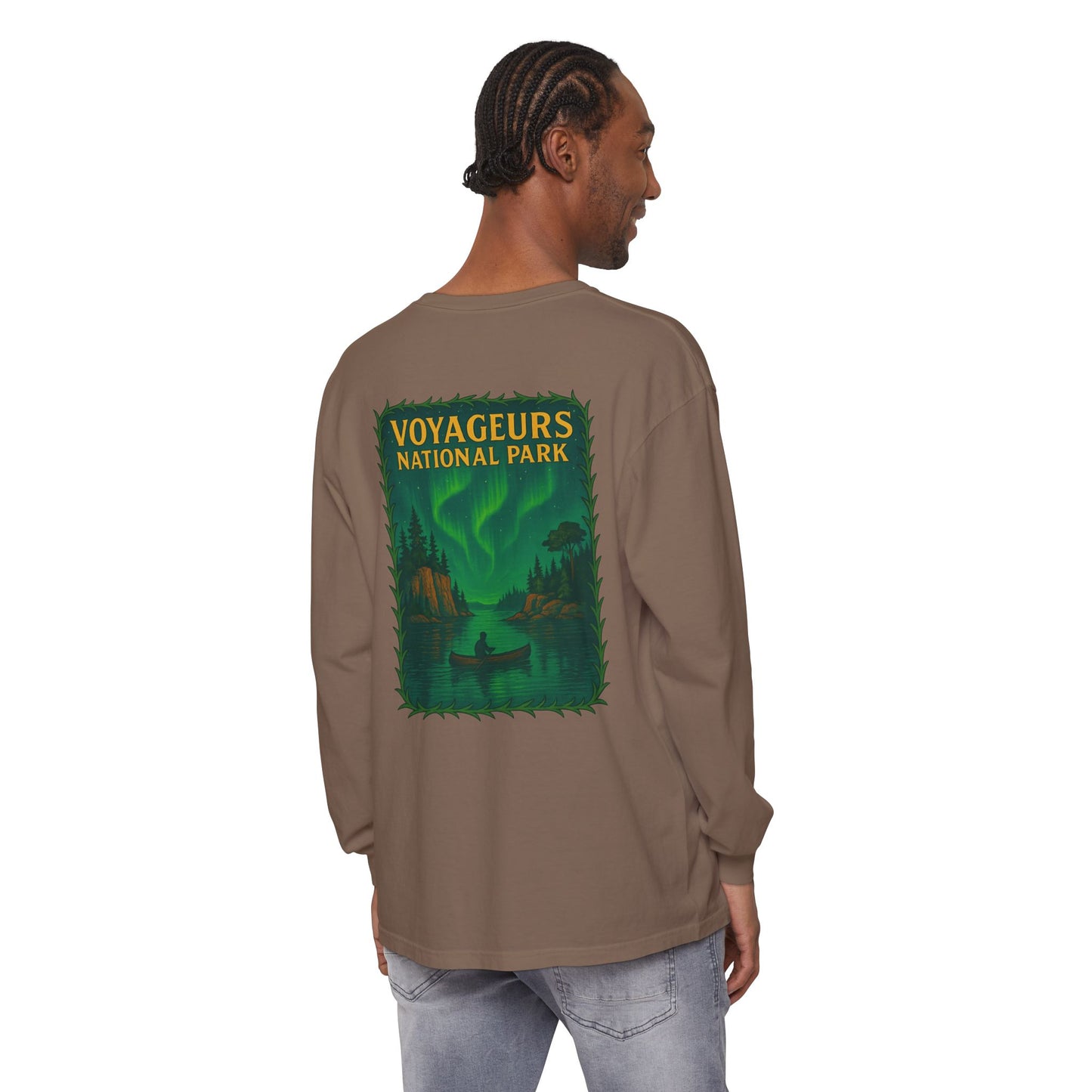 Voyageurs National Park Long Sleeve Tee — Northern Lights Canoe Graphic