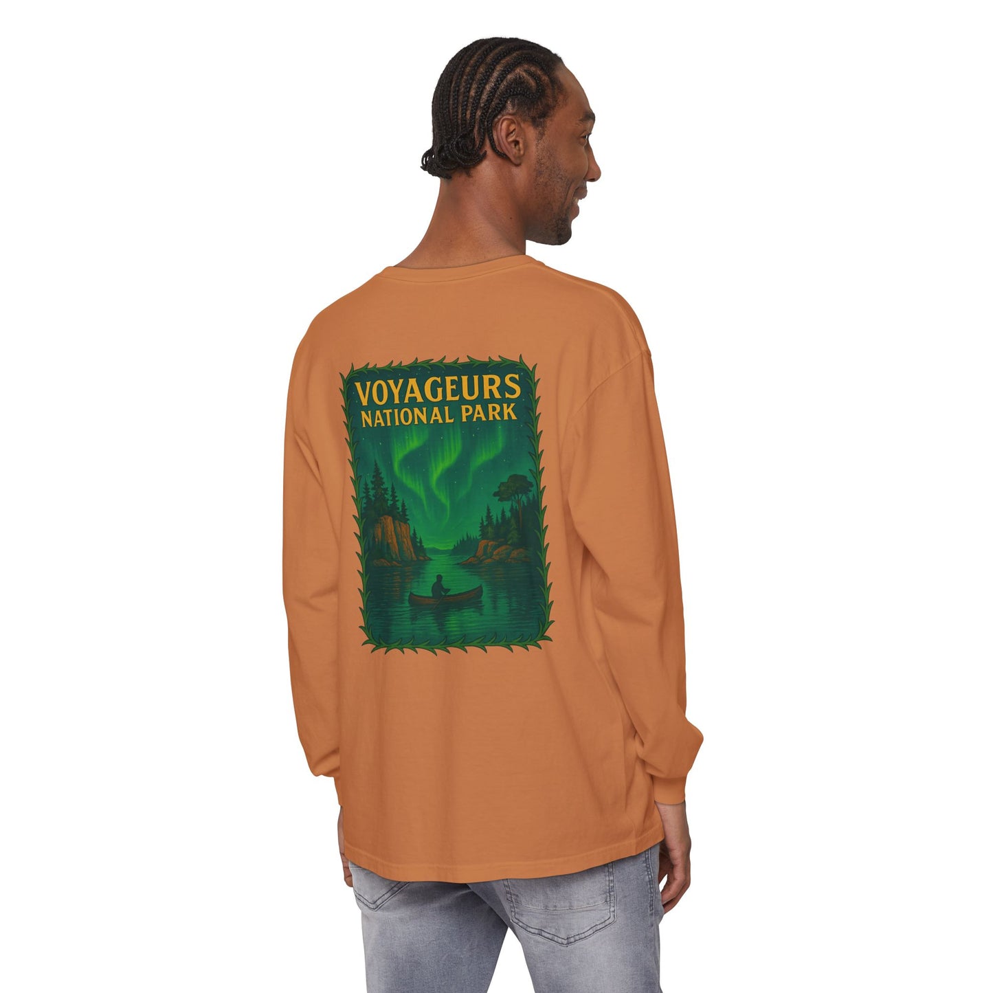 Voyageurs National Park Long Sleeve Tee — Northern Lights Canoe Graphic