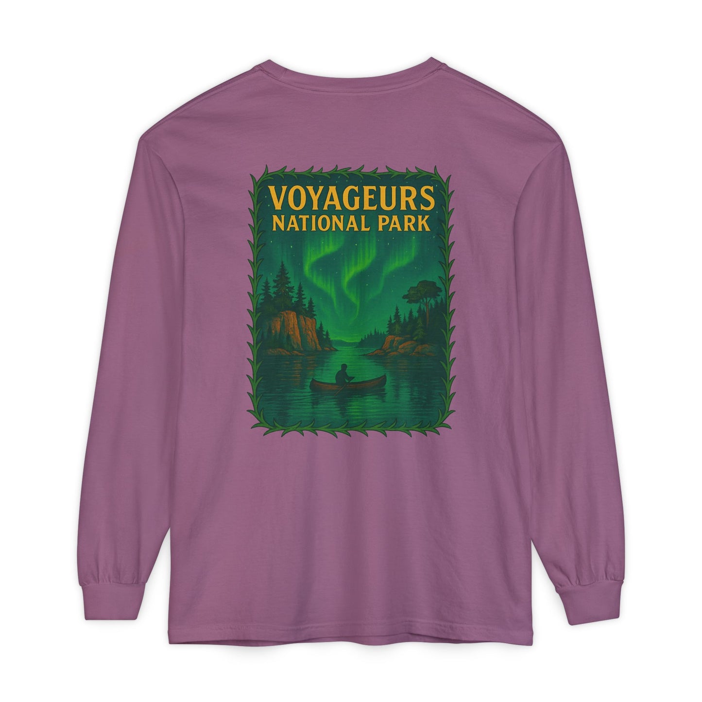 Voyageurs National Park Long Sleeve Tee — Northern Lights Canoe Graphic