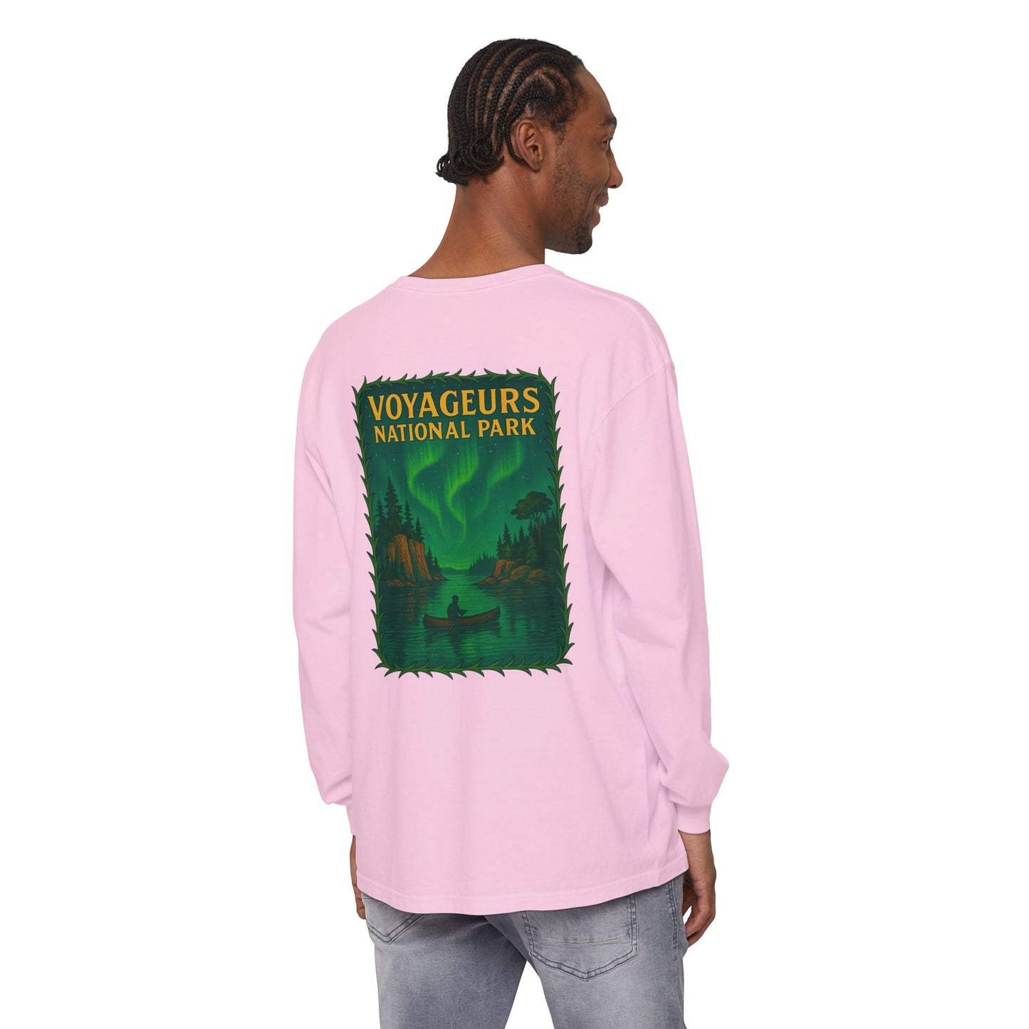 Voyageurs National Park Long Sleeve Tee — Northern Lights Canoe Graphic