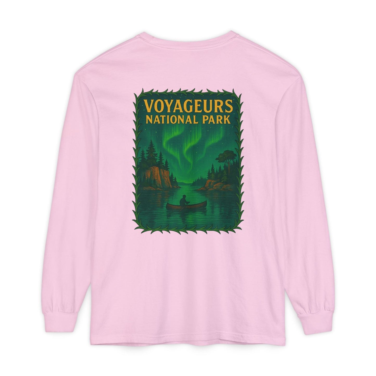 Voyageurs National Park Long Sleeve Tee — Northern Lights Canoe Graphic