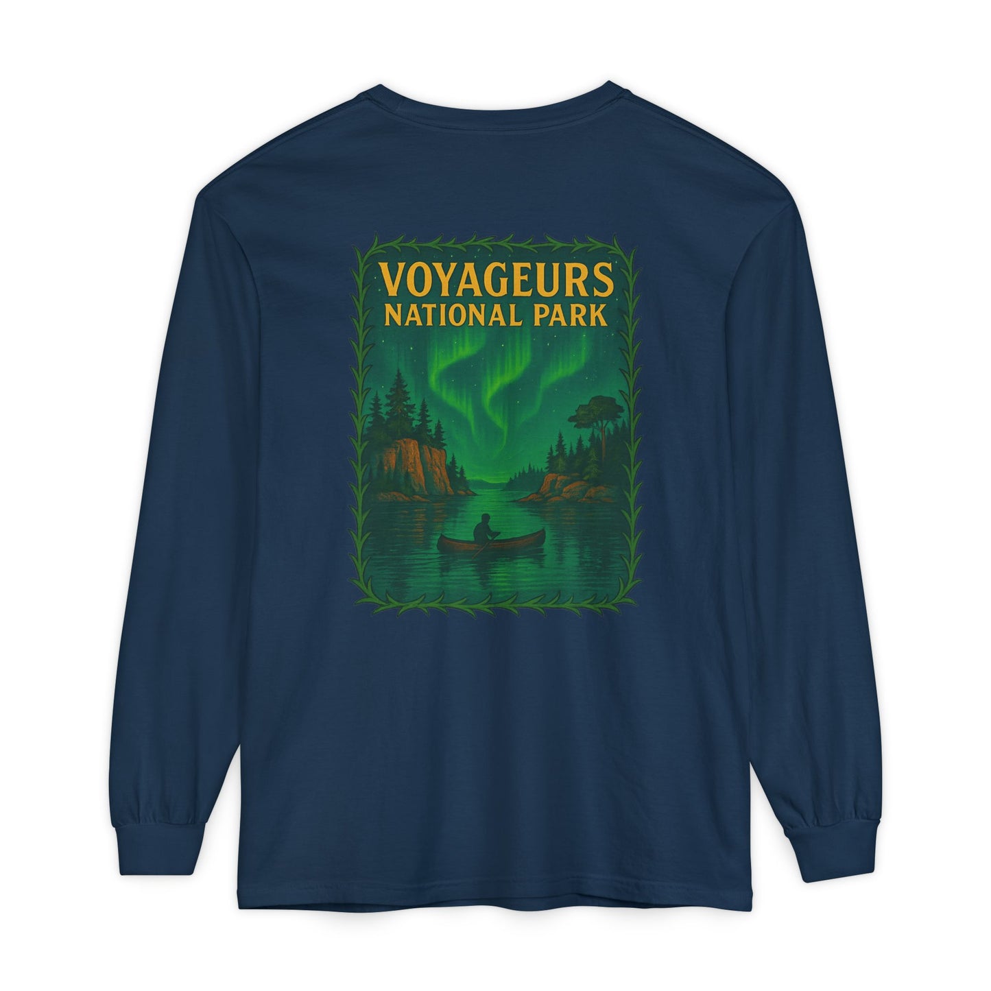 Voyageurs National Park Long Sleeve Tee — Northern Lights Canoe Graphic