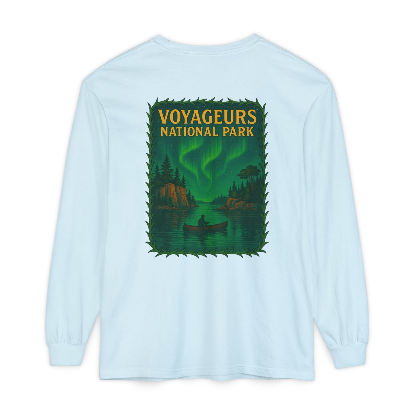 Voyageurs National Park Long Sleeve Tee — Northern Lights Canoe Graphic
