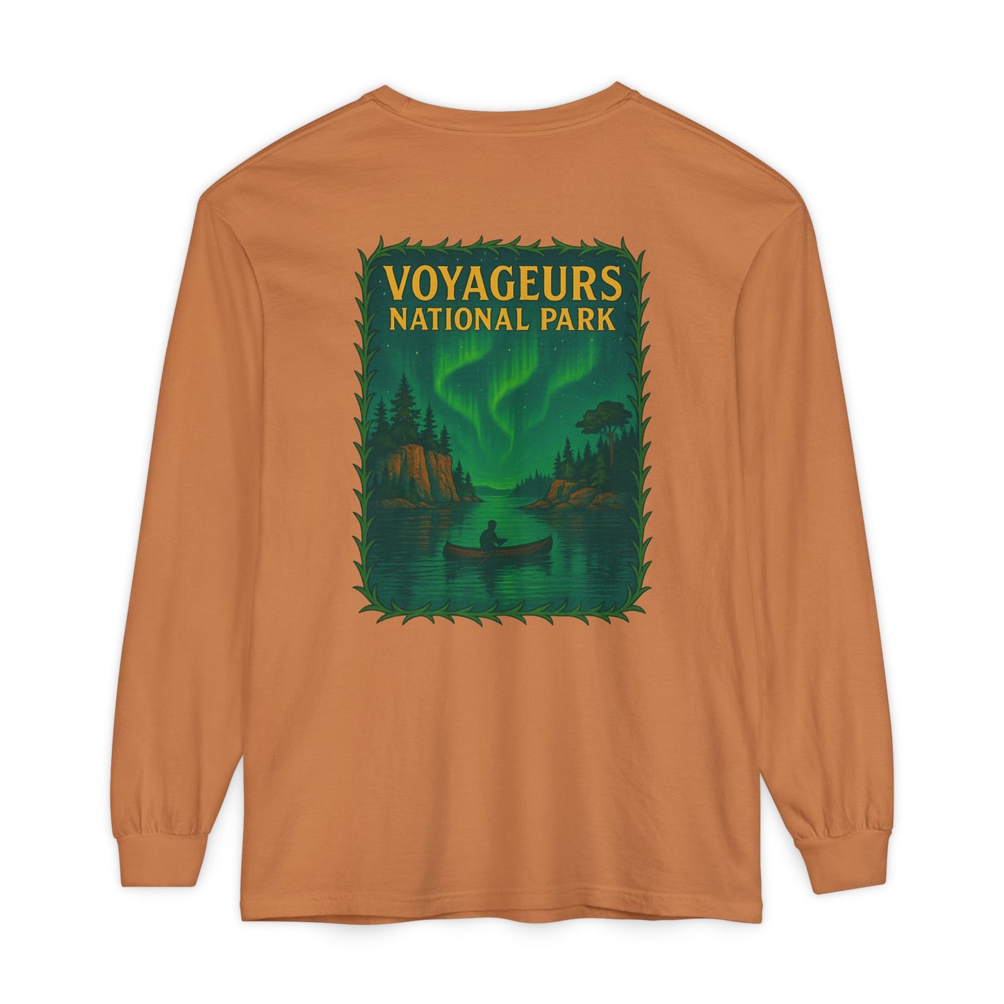 Voyageurs National Park Long Sleeve Tee — Northern Lights Canoe Graphic